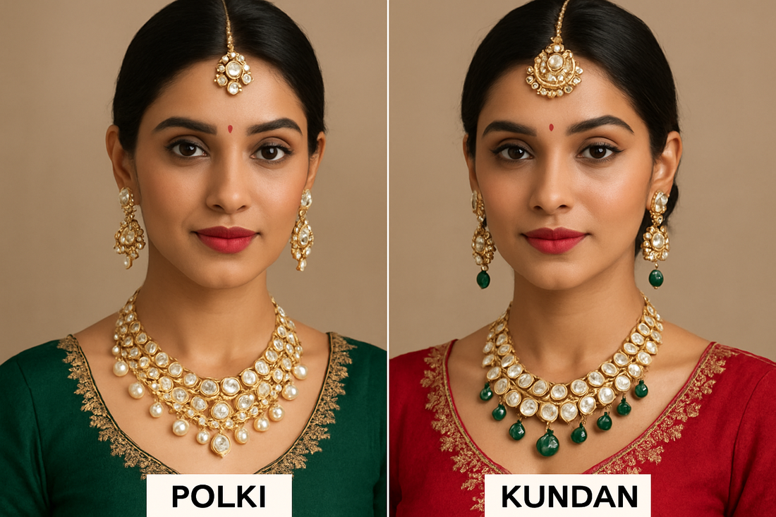 Luxury polki vs kundan jewelry comparison featuring traditional Indian ornate designs showcasing the elegance of both styles for Oplique By Vineeta blog