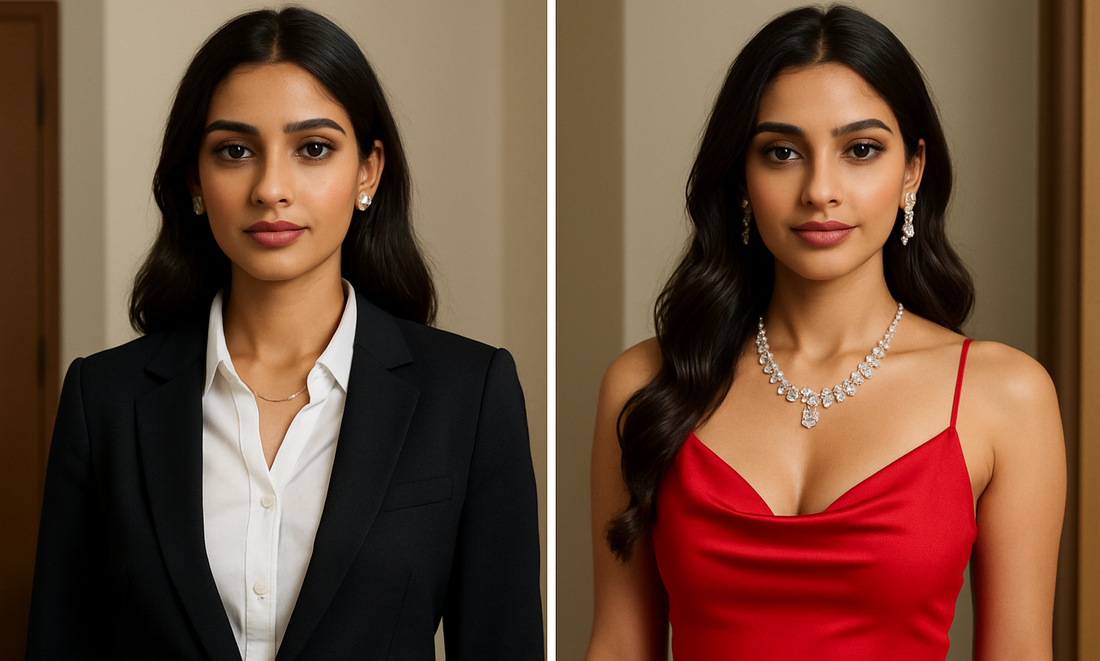 Elegant office to party jewelry transition showing modern woman wearing versatile accessories suitable for both professional and evening settings, featuring Oplique logo