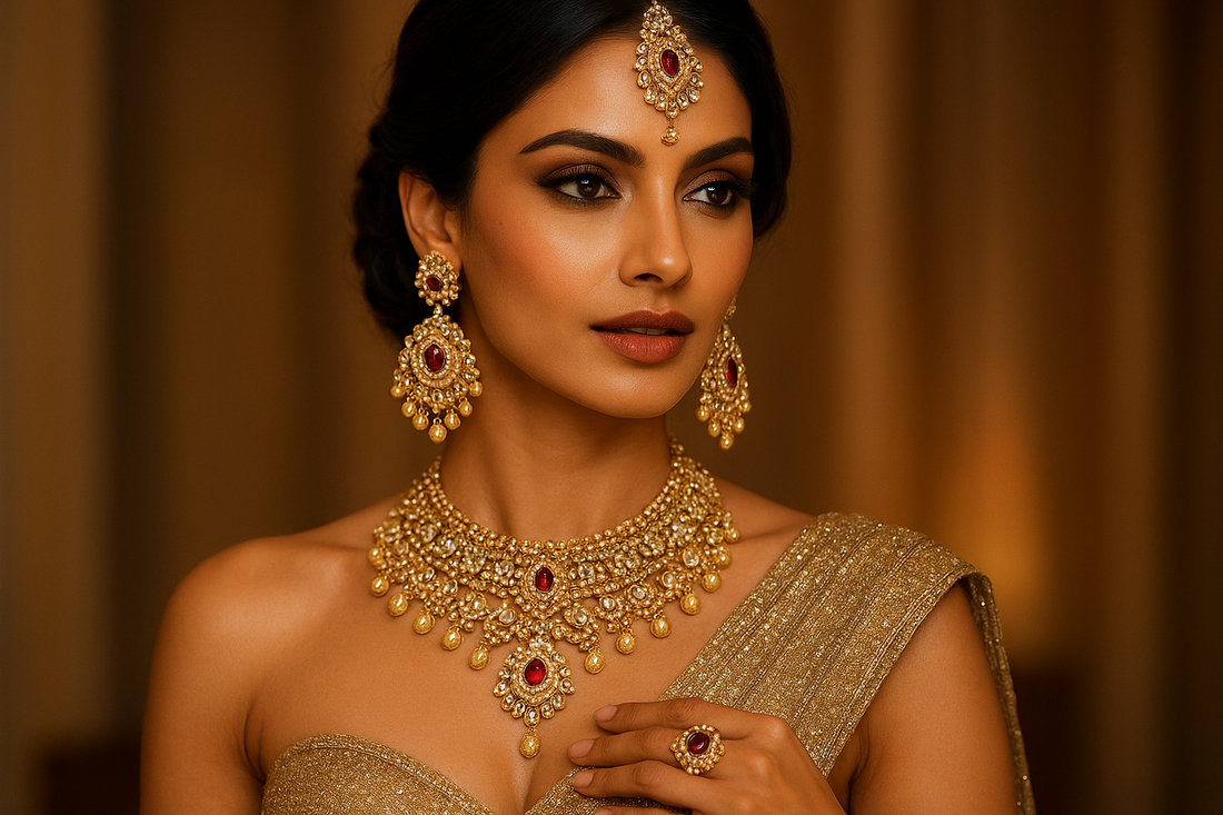 Luxurious celebrity-inspired jewelry collection featuring statement pieces and traditional Indian designs for red carpet glamour