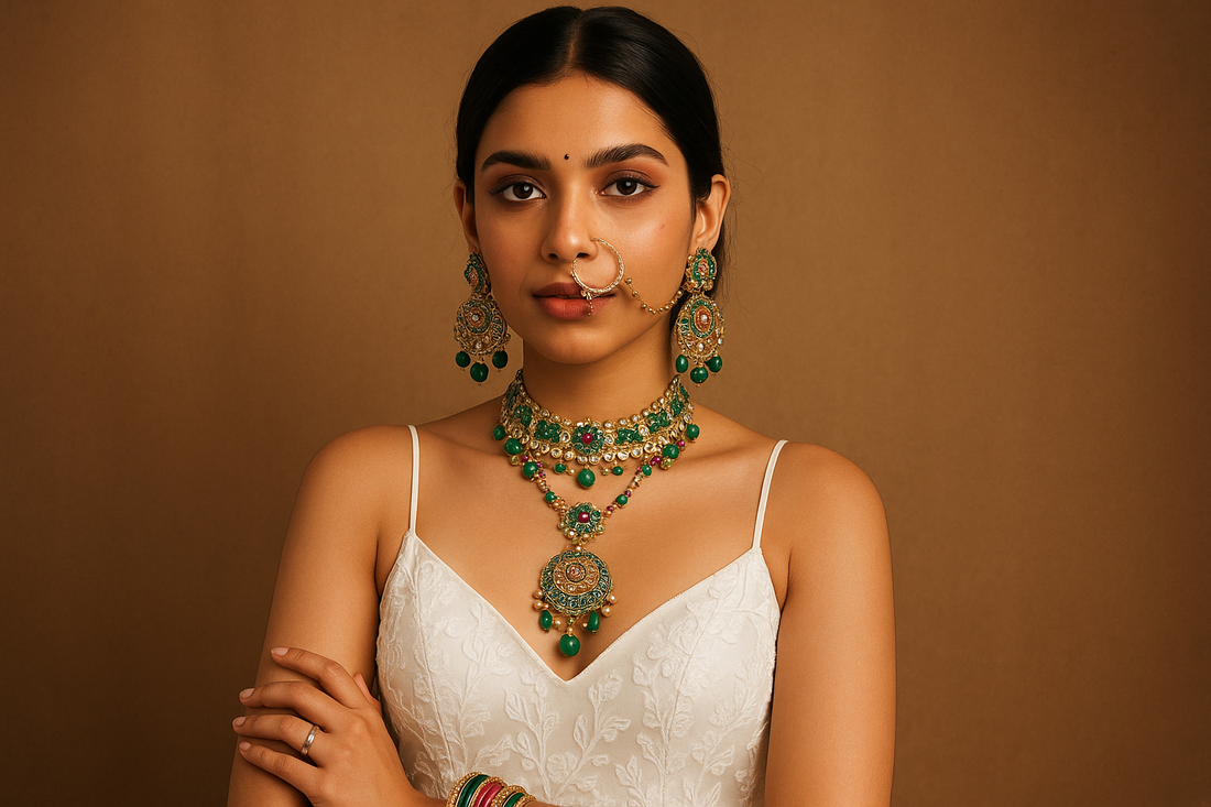 A modern bride wearing fusion Indian jewelry on a soft pastel background with the Oplique By Vineeta logo overlayed top-right.