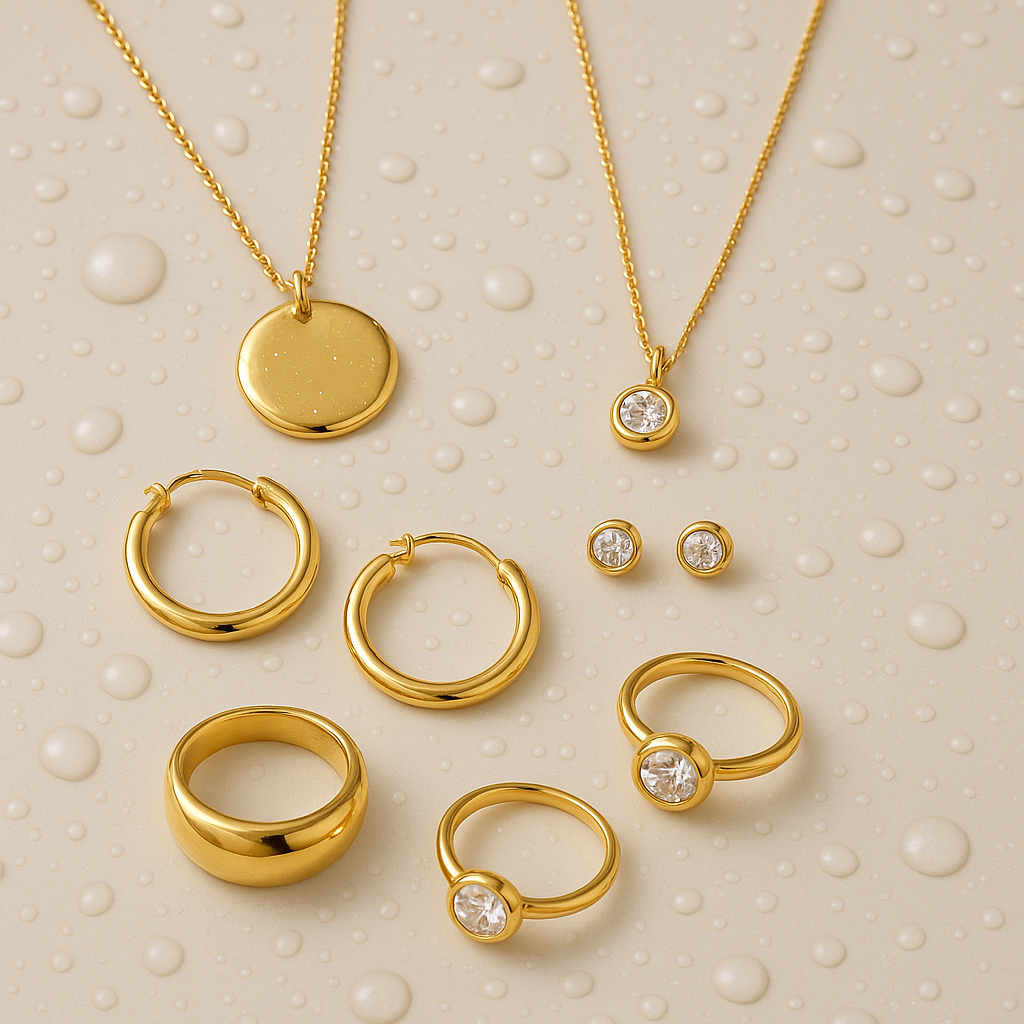 Elegant waterproof jewellery collection showcasing stainless steel and gold-plated pieces