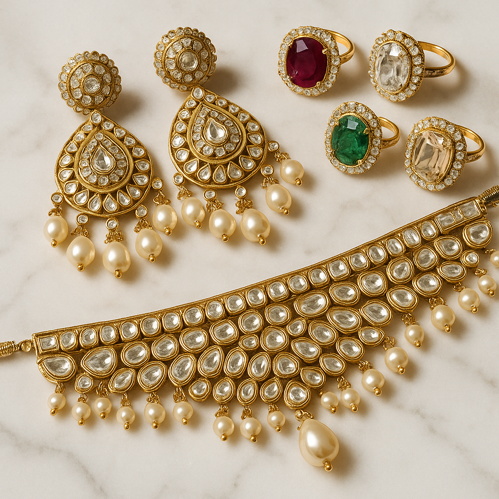 Elegant display of celebrity-inspired jewelry featuring statement earrings, gemstone rings, and kundan choker sets arranged on marble surface, perfect for recreating Bollywood glam looks