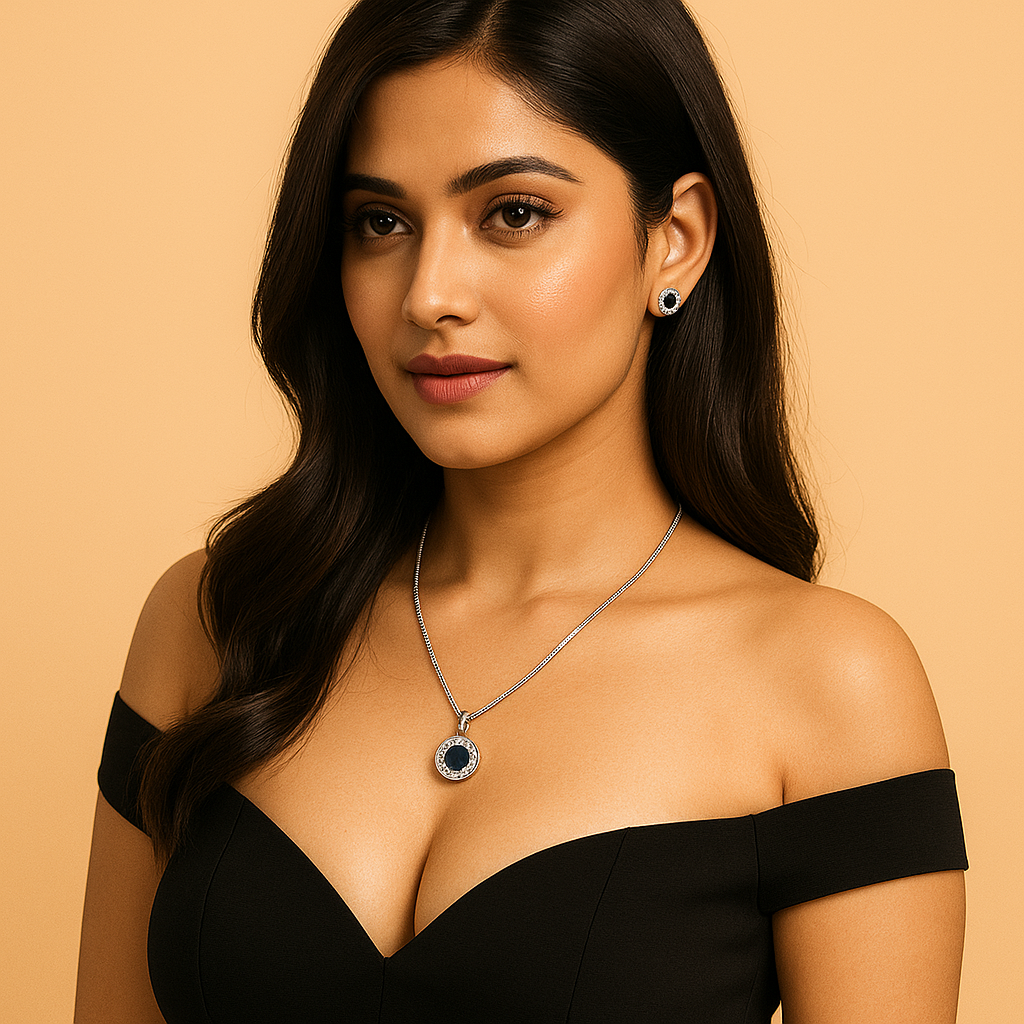 Woman wearing a black off-shoulder top and silver necklace with a blue pendant on a beige background. Brand: oplique By Vineeta