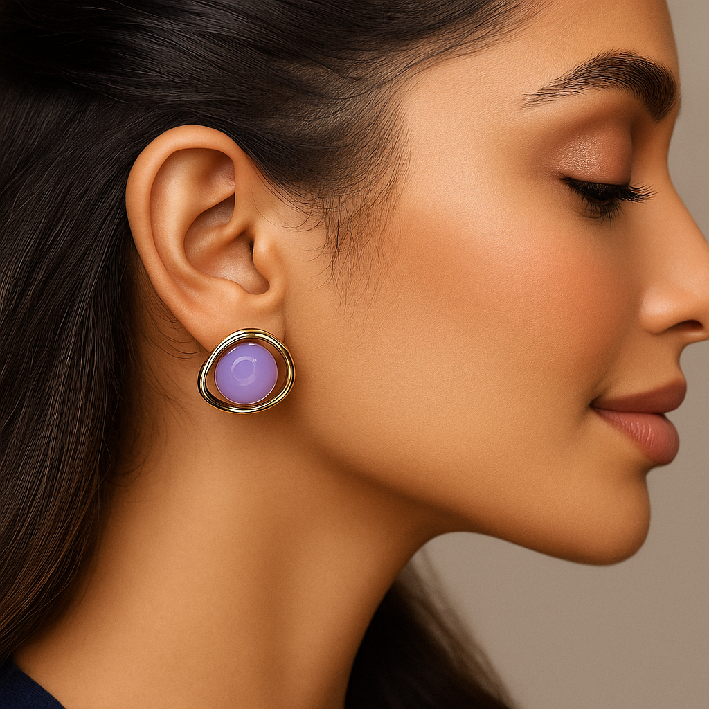 Oplique By Vineeta Golden Stainless Steel Lavender Gloss Dome Stud Earrings – Anti-Tarnish