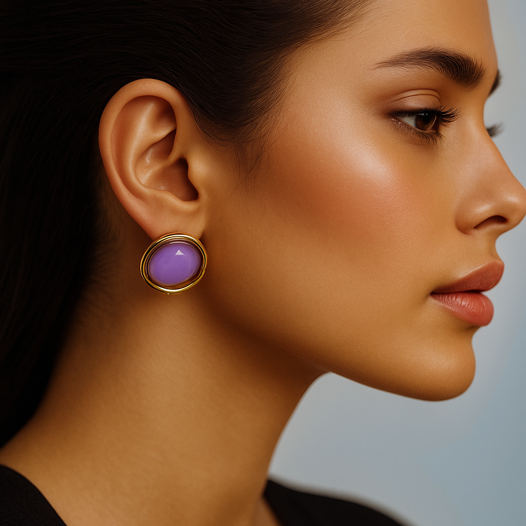 Oplique By Vineeta Golden Stainless Steel Lavender Gloss Dome Stud Earrings – Anti-Tarnish