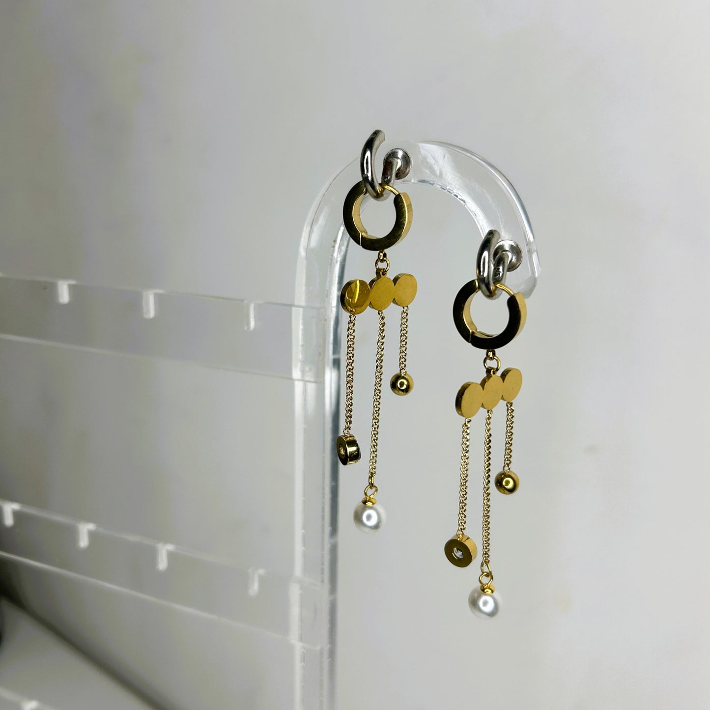 Oplique By Vineeta Gold Stainless Steel Triple‑Disc Chain & Pearl Drop Earrings – Anti‑Tarnish