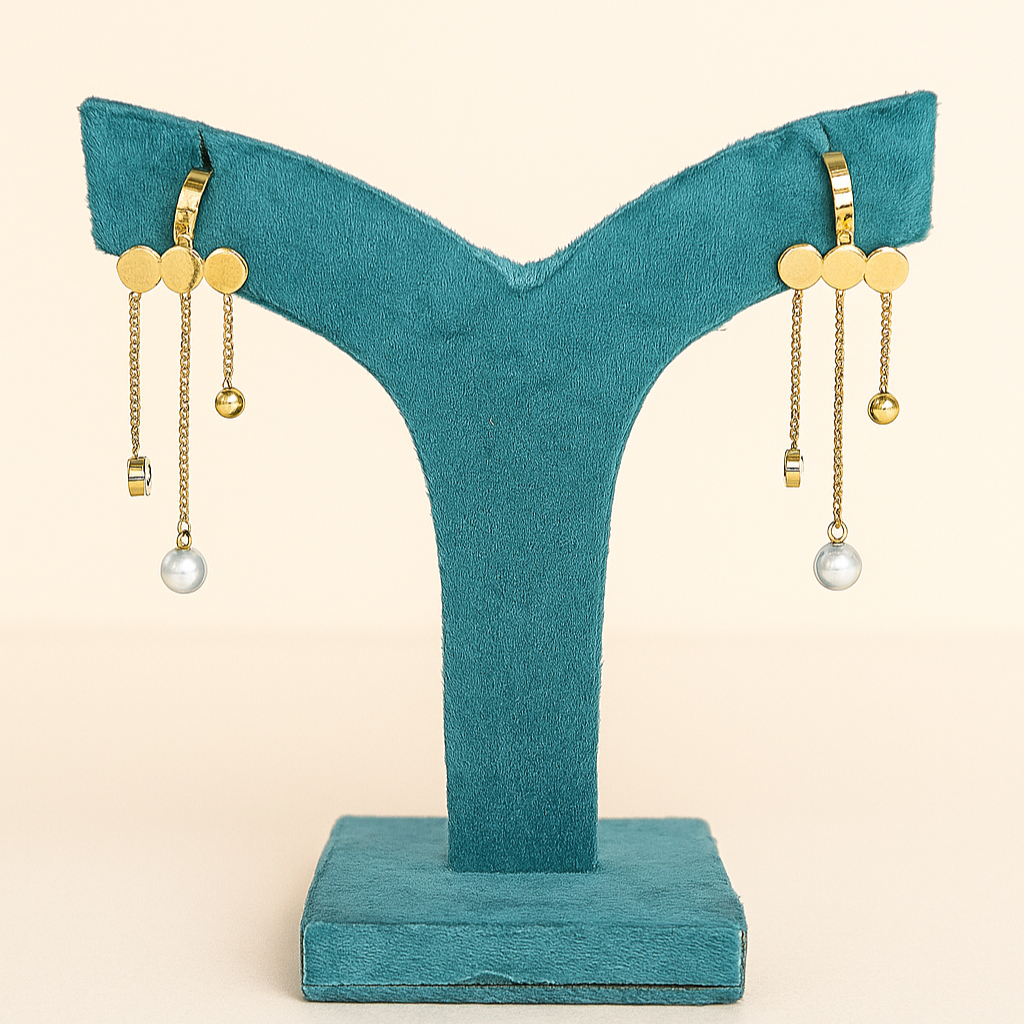 Oplique By Vineeta Gold Stainless Steel Triple‑Disc Chain & Pearl Drop Earrings – Anti‑Tarnish