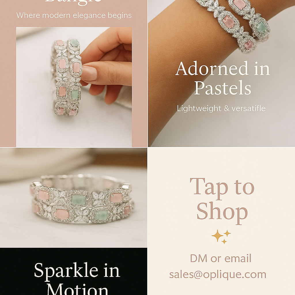 Bracelet with pastel colors and text about the product on a white. Brand: Oplique By Vineeta background