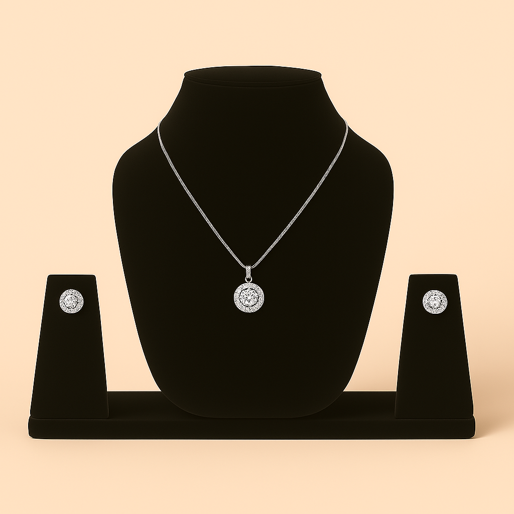 Jewelry set with necklace and earrings on a black velvet stand against a beige background. Brand: Oplique By Vineeta