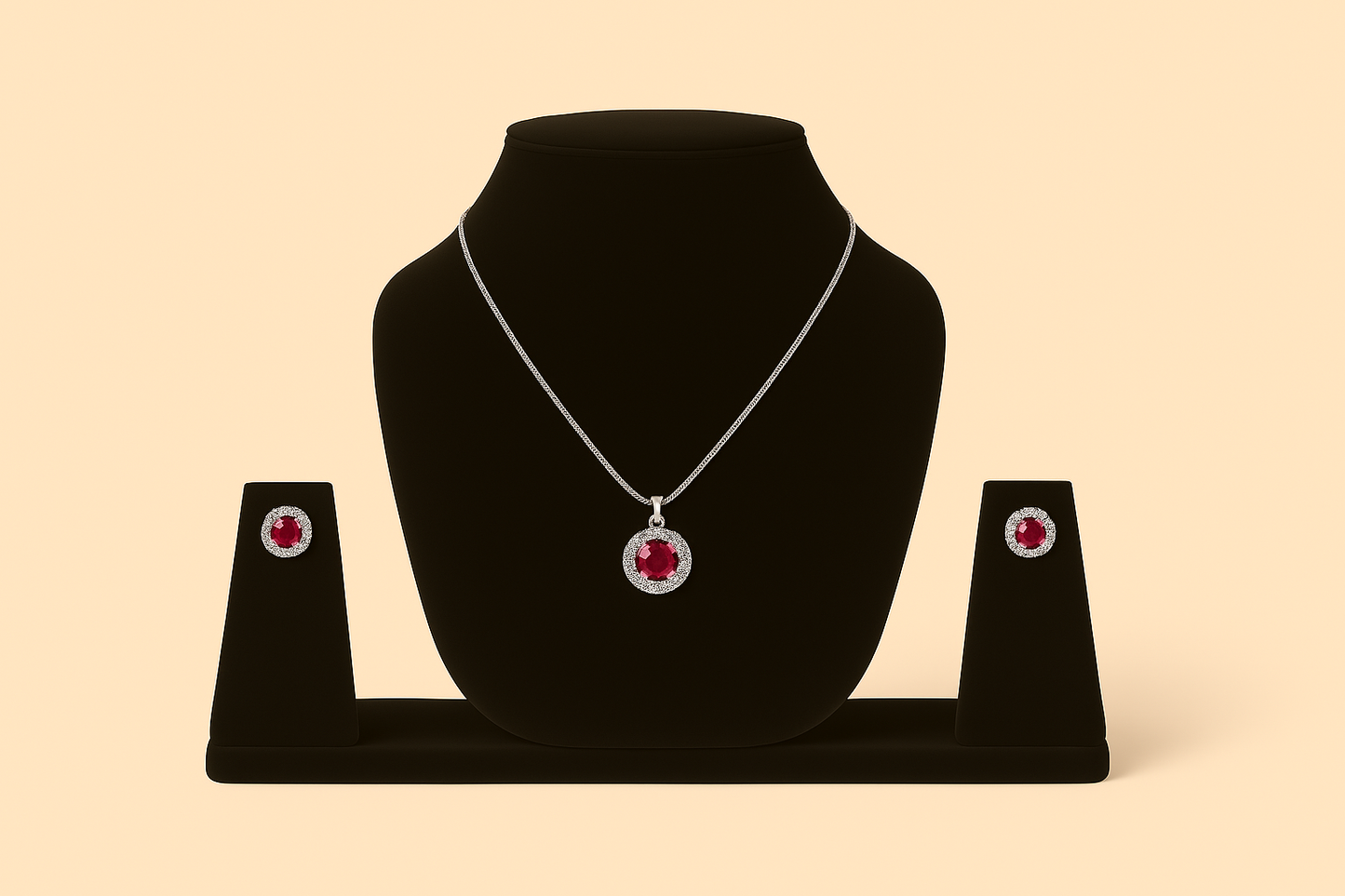 Jewelry set with necklace and earrings on a black stand against a beige. Brand: Oplique By Vineetabackground