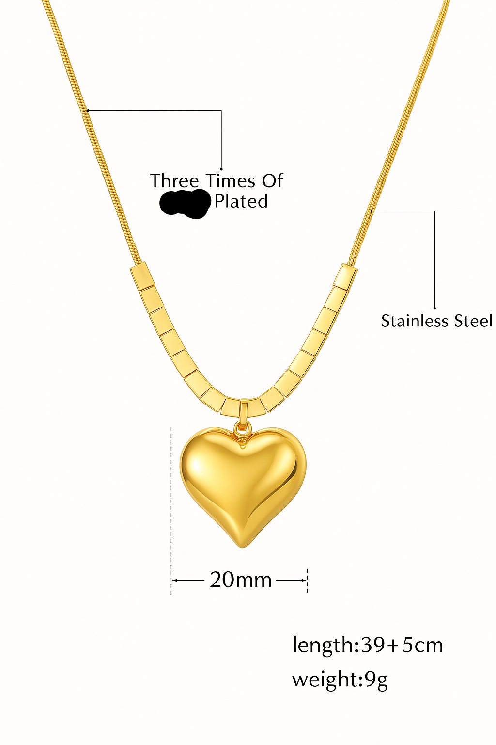 Gold heart-shaped pendant necklace with specifications on a white background