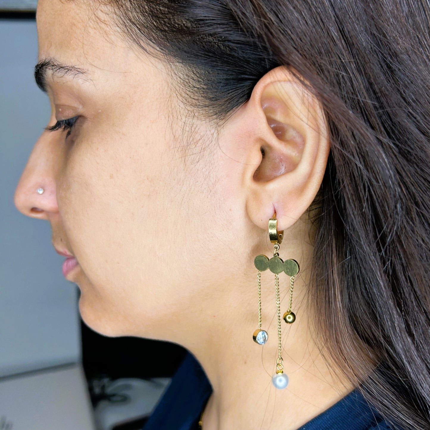 Oplique By Vineeta Gold Stainless Steel Triple‑Disc Chain & Pearl Drop Earrings – Anti‑Tarnish