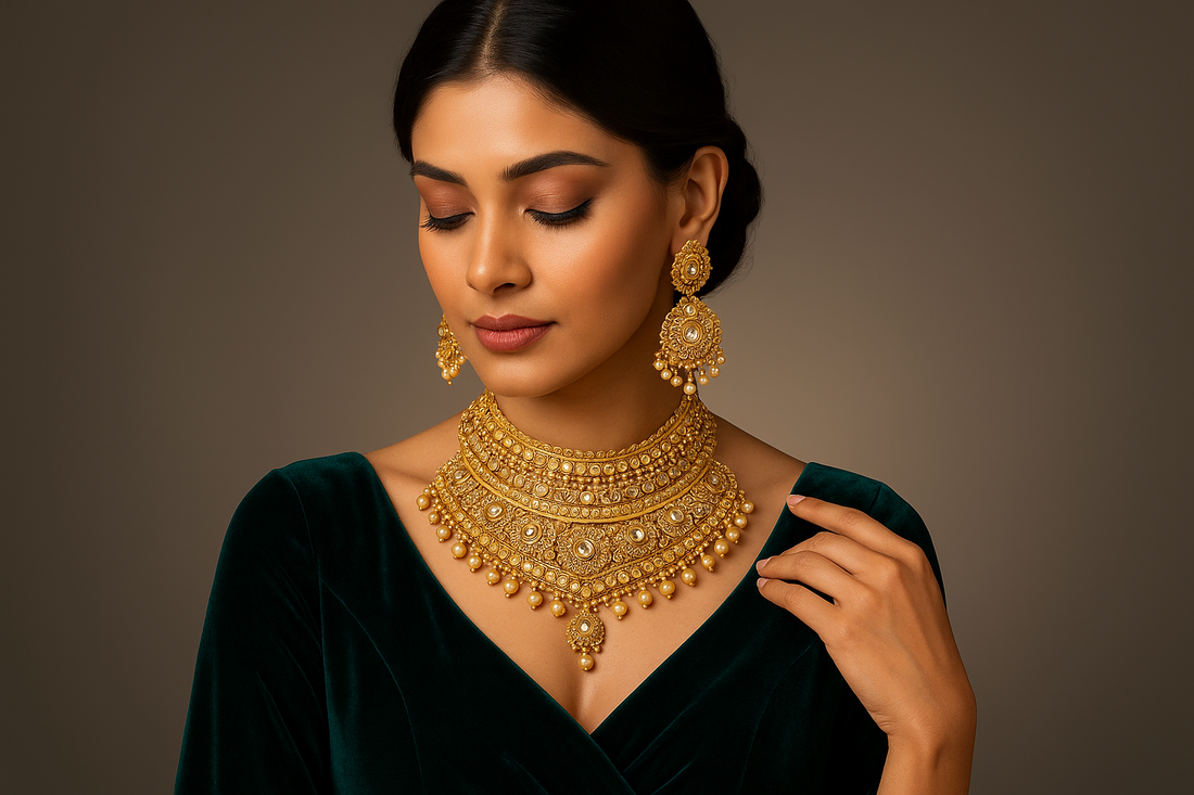 Hero image showcasing elegant artificial jewelry trends for 2025 including Kundan fusion designs, minimalist office wear pieces, statement earrings, and layered necklaces from OPLIQUE By Vineeta collection