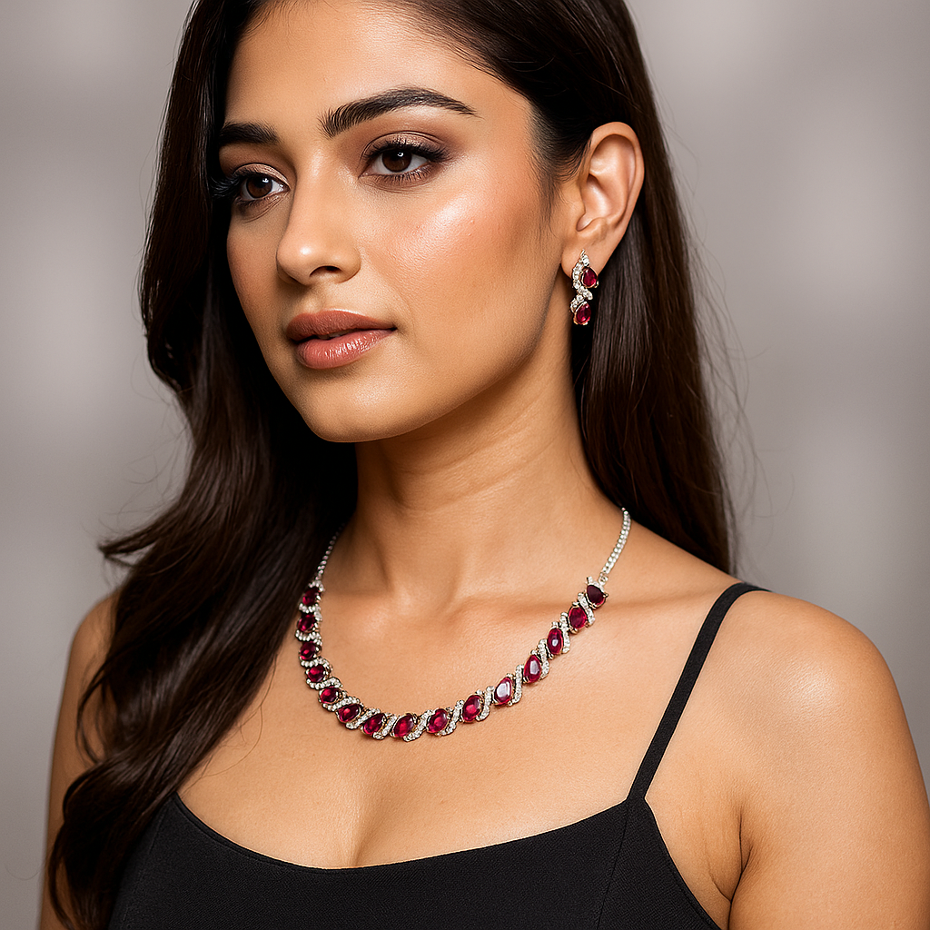 Woman wearing a red and silver necklace and earrings against a neutral background. Brand: Oplique By Vineeta