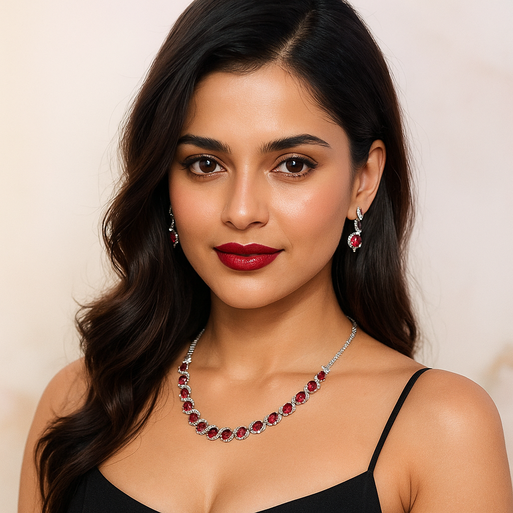 Woman wearing a red gemstone necklace and earrings against a beige background. Brand: Oplique By Vineeta