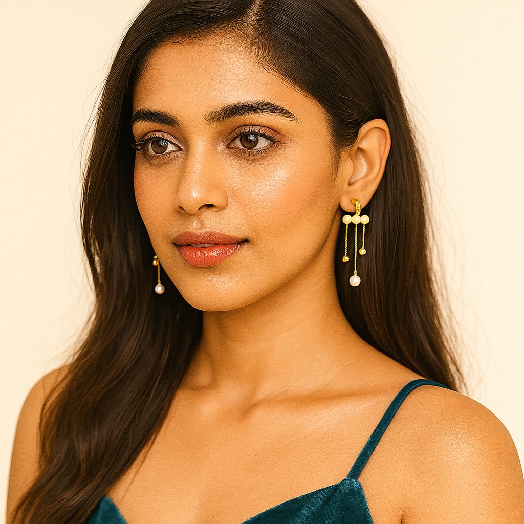 Oplique By Vineeta Gold Stainless Steel Triple‑Disc Chain & Pearl Drop Earrings – Anti‑Tarnish