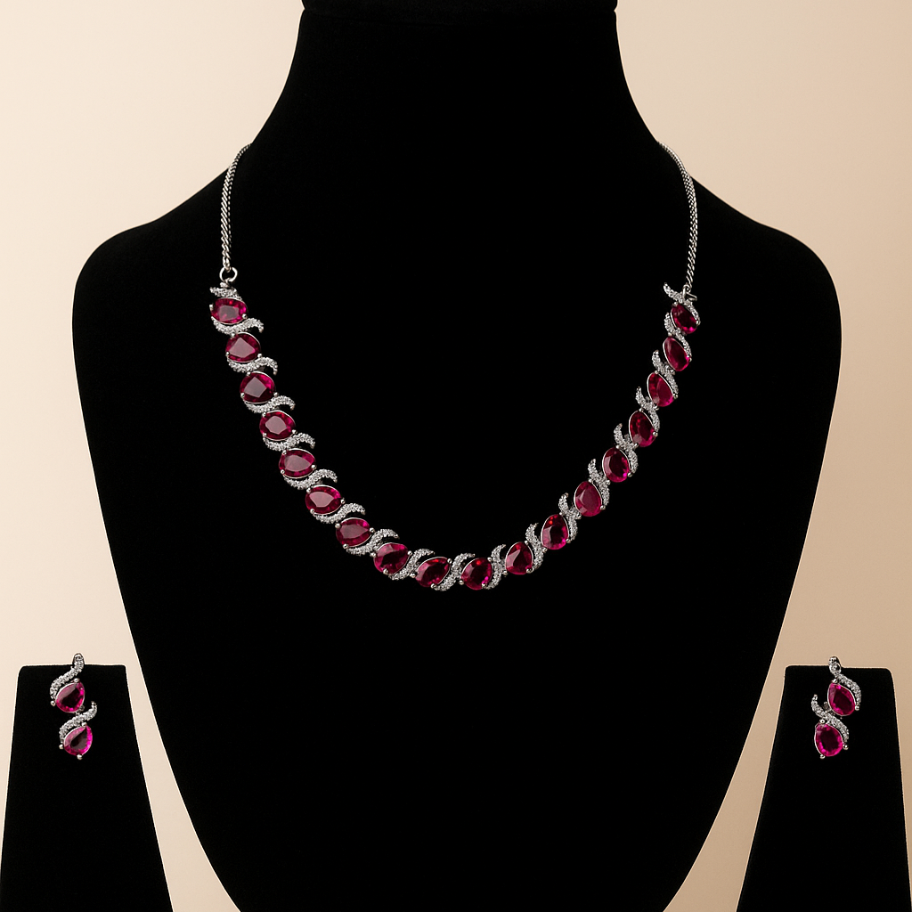 Jewelry set with necklace and earrings on a black mannequin. Brand: Oplique By Vineeta