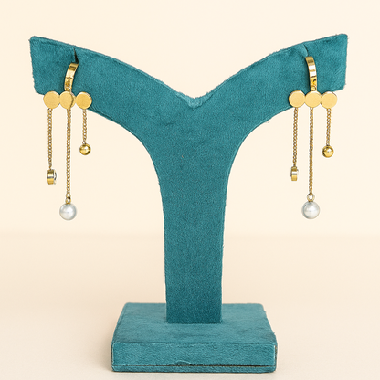 Oplique By Vineeta Gold Stainless Steel Triple‑Disc Chain & Pearl Drop Earrings – Anti‑Tarnish