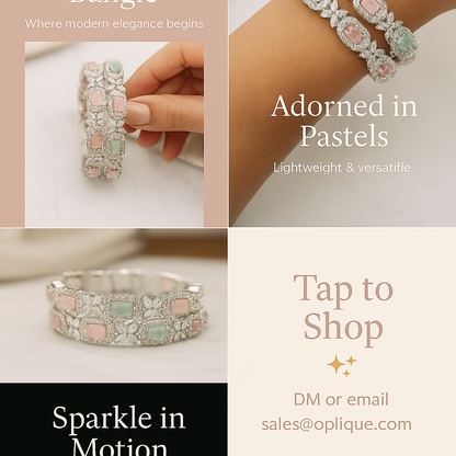 Bracelet with pastel colors and text about the product on a white. Brand: Oplique By Vineeta background