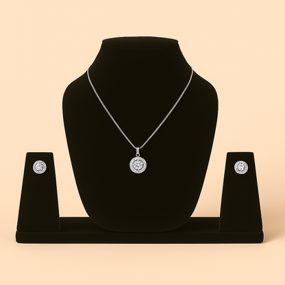 Jewelry set with necklace and earrings on a black velvet stand against a beige background. Brand: Oplique By Vineeta