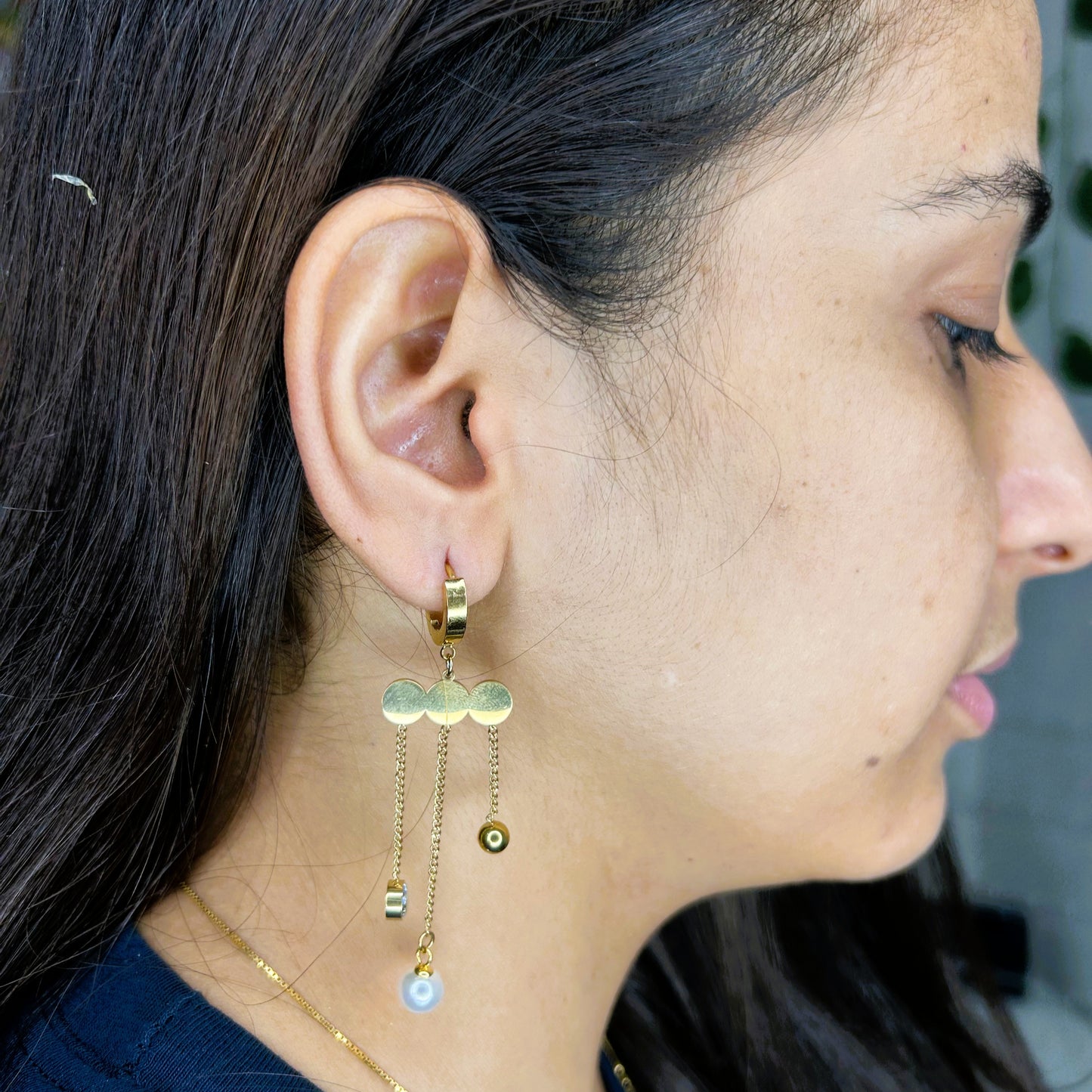 Oplique By Vineeta Gold Stainless Steel Triple‑Disc Chain & Pearl Drop Earrings – Anti‑Tarnish